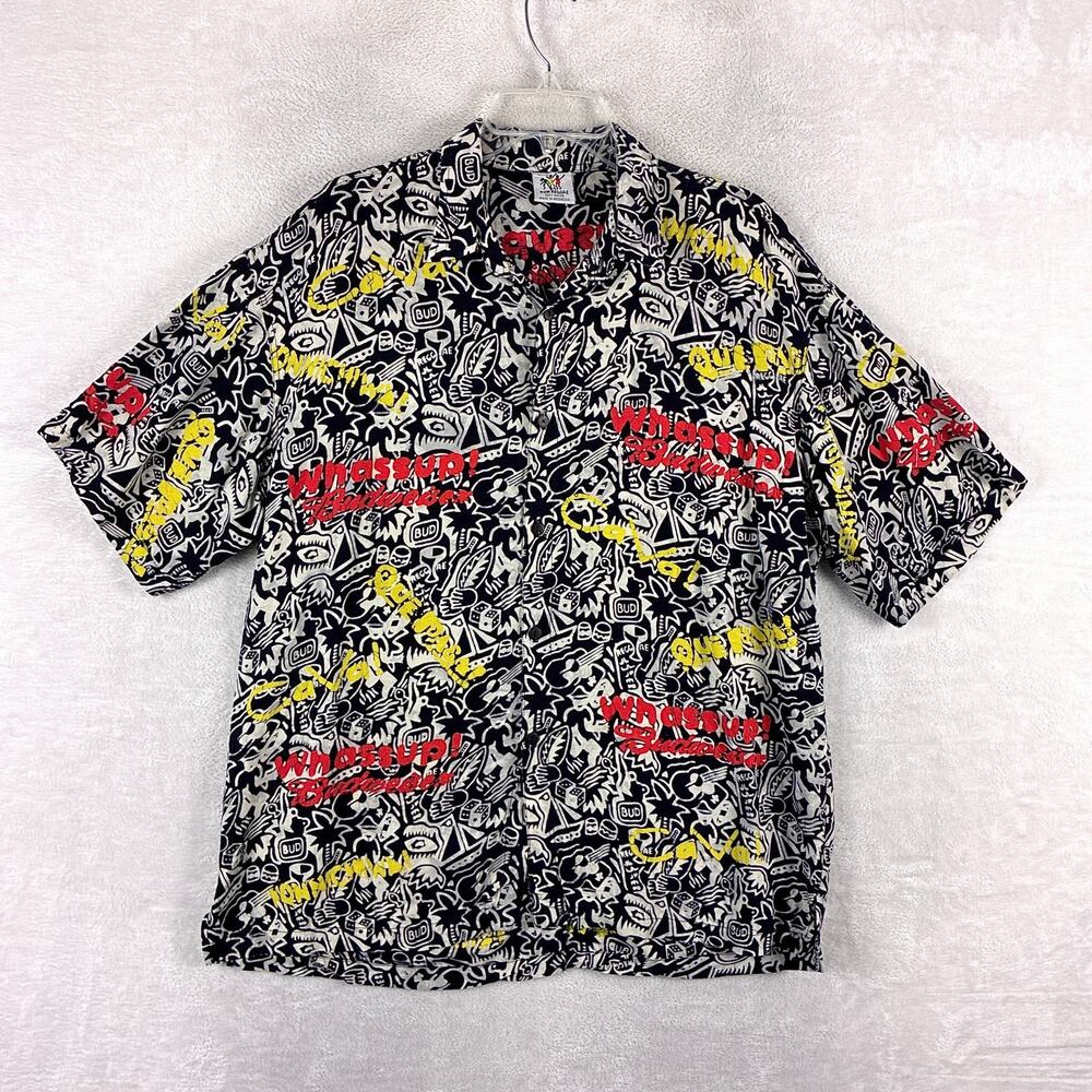VTG Rum Reggae Hawaiian Shirt L Black Red Yellow Budweiser Whassup Rayon Y2K